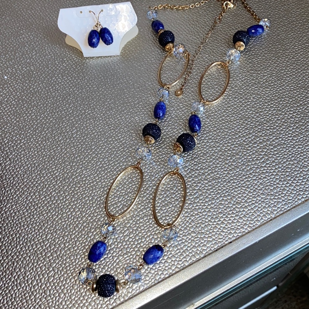 Gold with Blue Stone Necklace & Earrings